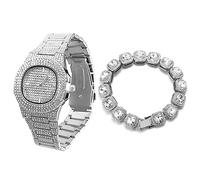 HALUKAKAH Diamonds Gold Watch for Men, Platinum White Gold Plated Quartz Wristband 24cm Oval Dial, with Clustered Diamond Tennis Chain Bracelet 20cm, Free Giftbox