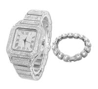 HALUKAKAH Diamonds Gold Watch for Men, Platinum White Gold Plated Quartz Wristband 24cm Square Dial, with Clustered Diamond Tennis Chain Bracelet 20cm, Free Giftbox