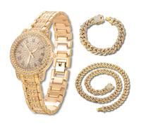 HALUKAKAH Diamonds Gold Watch Iced Out for Boy Teens Kids - 18K Real Gold Plated, 32mm Round Dial, Japanese Quartz - 19.5cm Length - Comes with Cuban Chains 18+40cm - for Birthday, Parties