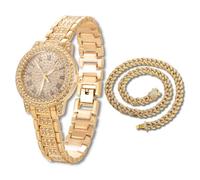 HALUKAKAH Diamonds Gold Watch Iced Out for Boy Teens Kids - 18K Real Gold Plated, 32mm Round Dial, Japanese Quartz - 19.5cm Length - Comes with Cuban Chain 40cm - for Birthday, Parties
