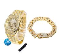Halukakah Diamonds Gold Watch Iced Out for Boy Teens Kids - 18K Real Gold Plated,40mm Roman Numerals Octagonal Dial,Japanese Quartz - 20cm Length - Comes with Cuban Chain 18cm,with Watch Adjuster Tool
