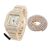 Halukakah Diamonds Gold Watch Iced Out for Boy Teens Kids - 18K Real Gold Plated,40mm Square Dial,Japanese Quartz - 18.5cm Length - Comes with Tennis Chain 40cm,with Watch Adjuster Tool - for Birthday