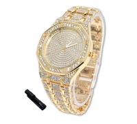 HALUKAKAH Diamonds Gold Watch Iced Out for Boy Teens Kids - 18K Real Gold Plated,41mm Octagonal Dial,Japanese Quartz - 19cm Length Adjustable Wristband,with Watch Adjuster Tool - for Birthday,Parties