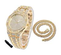 Halukakah Diamonds Gold Watch Iced Out for Boy Teens Kids - 18K Real Gold Plated,41mm Octagonal Dial,Japanese Quartz - 19cm Length - Comes with Cuban Chain 40cm,with Watch Adjuster Tool - for Birthday