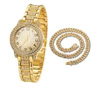 HALUKAKAH Diamonds Gold Watch Iced Out for Boy Teens Kids - 18K Real Gold Plated, Arabic Numerals Round Dial, Japanese Quartz - 19.5cm Length - Comes with Cuban Chain 40cm - for Birthday, Parties