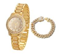 Halukakah Diamonds Gold Watch Iced Out for Boy Teens Kids - 18K Real Gold Plated, Gypsophila Rhinestones Round Dial, Japanese Quartz - 19.5cm Length - Comes with Cuban Chain 18cm -for Birthday,Parties