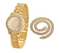 Halukakah Diamonds Gold Watch Iced Out for Boy Teens Kids - 18K Real Gold Plated, Gypsophila Rhinestones Round Dial, Japanese Quartz - 19.5cm Length - Comes with Cuban Chain 40cm -for Birthday,Parties