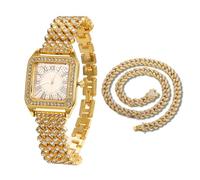 HALUKAKAH Diamonds Gold Watch Iced Out for Boy Teens Kids - 18K Real Gold Plated, Square Roman Numeral Dial, Japanese Quartz - 19.5cm Length - Comes with Cuban Chain 40cm - for Birthday, Parties