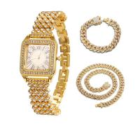 HALUKAKAH Diamonds Gold Watch Iced Out for Boy Teens Kids - 18K Real Gold Plated, Square Roman Numeral Dial, Japanese Quartz - 19.5cm Length - Comes with Cuban Chains 18+40cm - for Birthday, Parties