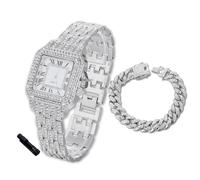 Halukakah Diamonds Gold Watch Iced Out for Boy Teens Kids - Platinum Plated,31mm Square Dial,Japanese Quartz - 20.5cm Length -Comes with Cuban Chain 18cm,with Watch Adjuster Tool -for Birthday,Parties