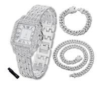 HALUKAKAH Diamonds Gold Watch Iced Out for Boy Teens Kids - Platinum Plated,31mm Square Dial,Japanese Quartz - 20.5cm Length - Comes with Cuban Chains 18+40cm,with Watch Adjuster Tool - for Birthday