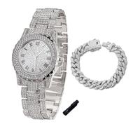 HALUKAKAH Diamonds Gold Watch Iced Out for Boy Teens Kids - Platinum Plated, 39mm Round Dial, Japanese Quartz - 19cm Length - Comes with Cuban Chain 18cm - for Birthday, Parties