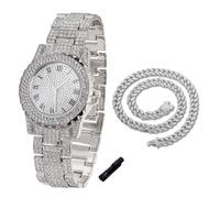 HALUKAKAH Diamonds Gold Watch Iced Out for Boy Teens Kids - Platinum Plated, 39mm Round Dial, Japanese Quartz - 19cm Length - Comes with Cuban Chain 40cm - for Birthday, Parties