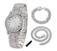 HALUKAKAH Diamonds Gold Watch Iced Out for Boy Teens Kids - Platinum Plated, 39mm Round Dial, Japanese Quartz - 19cm Length - Comes with Cuban Chains 18+40cm - for Birthday, Parties