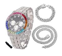HALUKAKAH Diamonds Gold Watch Iced Out for Boy Teens Kids - Platinum Plated,40mm Black Dial,Japanese Quartz - 18.5cm Length - Comes with Cuban Chains 18+40cm,with Watch Adjuster Tool - for Birthday