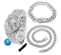 HALUKAKAH Diamonds Gold Watch Iced Out for Boy Teens Kids - Platinum Plated,40mm Roman Numerals Octagonal Dial,Japanese Quartz - 20cm Length - Comes with Cuban Chains 18+40cm,with Watch Adjuster Tool