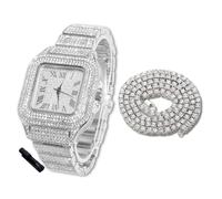HALUKAKAH Diamonds Gold Watch Iced Out for Boy Teens Kids - Platinum Plated,40mm Square Dial,Japanese Quartz - 18.5cm Length - Comes with Tennis Chain 40cm,with Watch Adjuster Tool - for Birthday