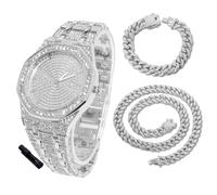 HALUKAKAH Diamonds Gold Watch Iced Out for Boy Teens Kids - Platinum Plated,41mm Octagonal Dial,Japanese Quartz - 19cm Length - Comes with Cuban Chains 18+40cm,with Watch Adjuster Tool - for Birthday