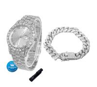 HALUKAKAH Diamonds Gold Watch Iced Out for Boy Teens Kids - Platinum Plated,42mm Round Dial,Japanese Quartz - 20cm Length - Comes with Cuban Chain 18cm,with Watch Adjuster Tool - for Birthday,Parties