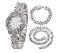 HALUKAKAH Diamonds Gold Watch Iced Out for Boy Teens Kids - Platinum Plated, Arabic Numerals Round Dial, Japanese Quartz - 19.5cm Length - Comes with Cuban Chains 18+40cm - for Birthday, Parties