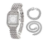 HALUKAKAH Diamonds Gold Watch Iced Out for Boy Teens Kids - Platinum Plated, Square Roman Numeral Dial, Japanese Quartz - 19.5cm Length - Comes with Cuban Chains 18+40cm - for Birthday, Parties