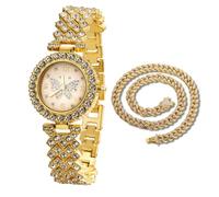 HALUKAKAH Diamonds Gold Watch Iced Out for Girl Teens Kids - 18K Real Gold Plated, 29mm Butterfly Pattern Dial, Japanese Quartz - 19.5cm Length - Comes with Cuban Chain 40cm - for Birthday, Parties
