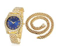 HALUKAKAH Diamonds Gold Watch Iced Out, Kid's 18K Real Gold Plated 36MM Width Blue Dial Quartz Wristband 20cm with Cuban Link Chain 40cm Nacklace, Free Giftbox
