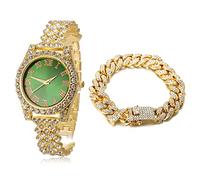 HALUKAKAH Diamonds Gold Watch Iced Out, Kid's 18K Real Gold Plated 36MM Width Green Dial Quartz Wristband 20cm with Cuban Link Chain 18cm Bracelet, Free Giftbox