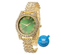 HALUKAKAH Diamonds Gold Watch Iced Out, Kid's 18K Real Gold Plated 36MM Width Green Dial Quartz Wristband 20cm, Free Giftbox