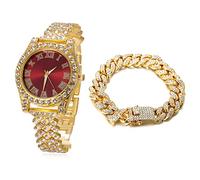 HALUKAKAH Diamonds Gold Watch Iced Out, Kid's 18K Real Gold Plated 36MM Width Red Dial Quartz Wristband 20cm with Cuban Link Chain 18cm Bracelet, Free Giftbox