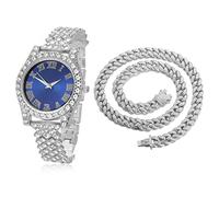 HALUKAKAH Diamonds Gold Watch Iced Out, Kid's Platinum White Gold Plated 36MM Width Blue Dial Quartz Wristband 20cm with Cuban Link Chain 40cm Nacklace, Free Giftbox
