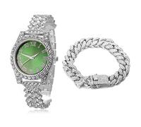HALUKAKAH Diamonds Gold Watch Iced Out, Kid's Platinum White Gold Plated 36MM Width Green Dial Quartz Wristband 20cm with Cuban Link Chain 18cm Bracelet, Free Giftbox