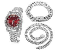 HALUKAKAH Diamonds Gold Watch Iced Out, Kid's Platinum White Gold Plated 36MM Width Red Dial Quartz Wristband 20cm with Cuban Link Chain 18+40cm Necklace Bracelet, Free Giftbox