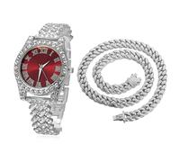 HALUKAKAH Diamonds Gold Watch Iced Out, Kid's Platinum White Gold Plated 36MM Width Red Dial Quartz Wristband 20cm with Cuban Link Chain 40cm Nacklace, Free Giftbox