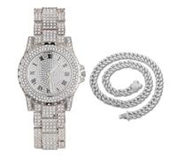 HALUKAKAH Diamonds Gold Watch Iced Out,Men's 18K Gold/Platinum White Gold Plated 39MM Width Round Dial Quartz Wristband 22.5cm,Optional with Cuban Link Chain 20cm Bracelet/45cm Necklace,with Giftbox