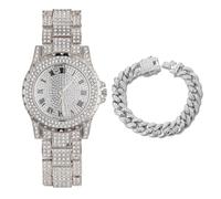 HALUKAKAH Diamonds Gold Watch Iced Out,Men's 18K Gold/Platinum White Gold Plated 39MM Width Round Dial Quartz Wristband 22.5cm,Optional with Cuban Link Chain 20cm Bracelet/45cm Necklace,with Giftbox