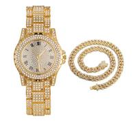 HALUKAKAH Diamonds Gold Watch Iced Out,Men's 18K Gold/Platinum White Gold Plated 39MM Width Round Dial Quartz Wristband 22.5cm,Optional with Cuban Link Chain 20cm Bracelet/45cm Necklace,with Giftbox