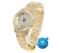 HALUKAKAH Diamonds Gold Watch Iced Out, Men's 18K Real Gold Plated 38MM Width Round Dial Quartz Wristband 22cm, Free Giftbox