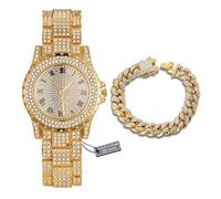 HALUKAKAH Diamonds Gold Watch Iced Out,Men's 18K Real Gold Plated 39MM Width Round Dial Quartz Wristband 22.5cm,with Cuban Link Chain 20cm Bracelet Set,Comes with Giftbox
