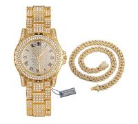 HALUKAKAH Diamonds Gold Watch Iced Out,Men's 18K Real Gold Plated 39MM Width Round Dial Quartz Wristband 22.5cm,with Cuban Link Chain 45cm Necklace Set,Comes with Giftbox