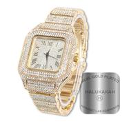 HALUKAKAH Diamonds Gold Watch Iced Out, Men's 18K Real Gold Plated 40MM Width Square Dial Quartz Wristband 24cm, Free Giftbox