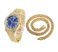 HALUKAKAH Diamonds Gold Watch Iced Out, Men's 18K Real Gold Plated 42MM Width Blue Dial Quartz Wristband 24cm with Cuban Link Chain 45cm Necklace Set, Free Giftbox