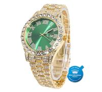 HALUKAKAH Diamonds Gold Watch Iced Out, Men's 18K Real Gold Plated 42MM Width Green Dial Quartz Wristband 24cm, Free Giftbox