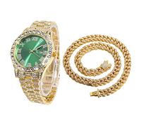 HALUKAKAH Diamonds Gold Watch Iced Out, Men's 18K Real Gold Plated 42MM Width Green Dial Quartz Wristband 24cm with Cuban Link Chain 45cm Necklace Set, Free Giftbox