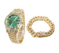 HALUKAKAH Diamonds Gold Watch Iced Out, Men's 18K Real Gold Plated 42MM Width Green Dial Quartz Wristband 24cm with Cuban Link Chain 20cm Bracelet Set, Free Giftbox
