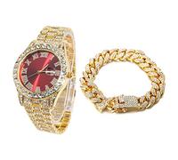 HALUKAKAH Diamonds Gold Watch Iced Out, Men's 18K Real Gold Plated 42MM Width Red Dial Quartz Wristband 24cm with Cuban Link Chain 20cm Bracelet Set, Free Giftbox