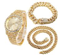 HALUKAKAH Diamonds Gold Watch Iced Out, Men's 18K Real Gold Plated 42MM Width Round Dial Quartz Wristband 24cm with Cuban Link Chain 20+45cm Necklace Bracelet Set, Free Giftbox