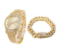 HALUKAKAH Diamonds Gold Watch Iced Out, Men's 18K Real Gold Plated 42MM Width Round Dial Quartz Wristband 24cm with Cuban Link Chain 20cm Bracelet Set, Free Giftbox