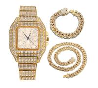 HALUKAKAH Diamonds Gold Watch Iced Out, Men's 18K Real Gold Plated Arabic Numerals Dial Quartz Wristband 22cm, with Cuban Link Chains 20cm Bracelet + 45cm Necklace Set, Comes with Giftbox
