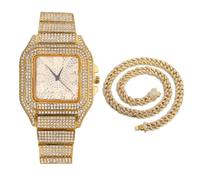 HALUKAKAH Diamonds Gold Watch Iced Out, Men's 18K Real Gold Plated Arabic Numerals Dial Quartz Wristband 22cm, with Cuban Link Chain 45cm Necklace Set, Comes with Giftbox